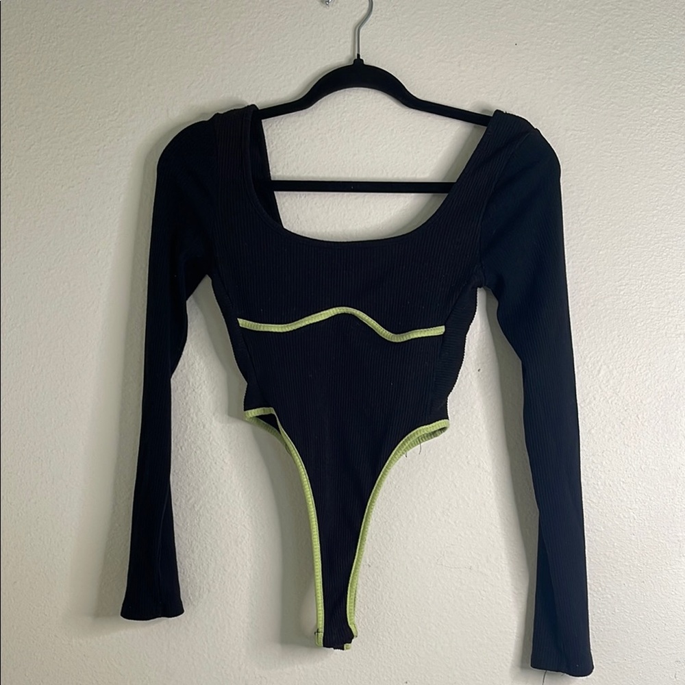 Black Long Sleeve Bodysuit with Neon Green Trim
